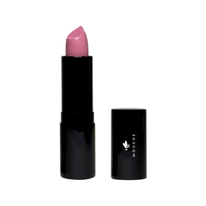 "Mouche's Luxury Cream Lipstick in Precious Pink': Sleek black lipstick case adorned with the Mouche logo. Elevate your beauty with enduring moisture and the captivating hue of Precious Pink. A perfect blend of elegance and style."